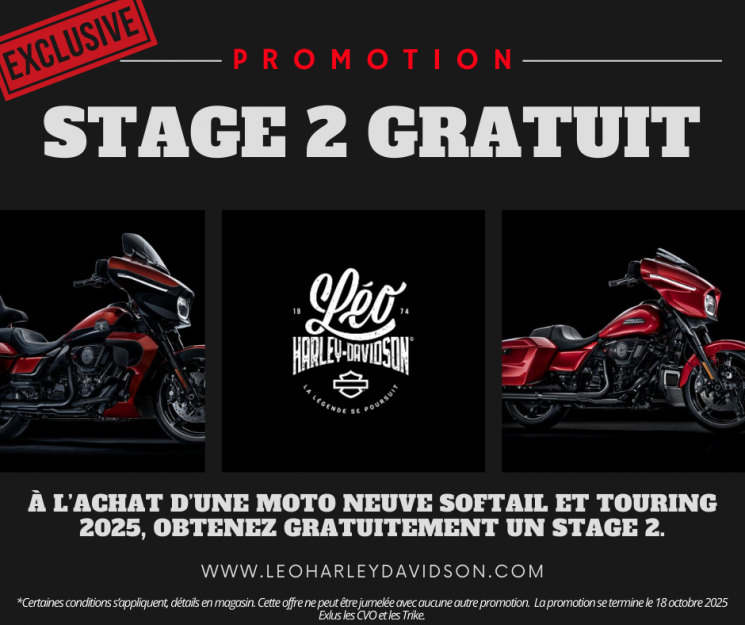 À l’achat d’une moto softail ou touring neuve, obtenez gratuitement un stage 2
